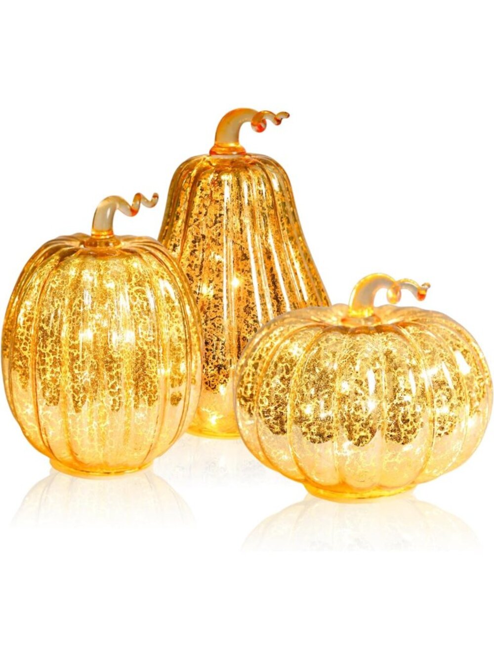 Lighted Mercury Glass Pumpkins Set of 3 | Gold Fall Decor with Timer | Halloween